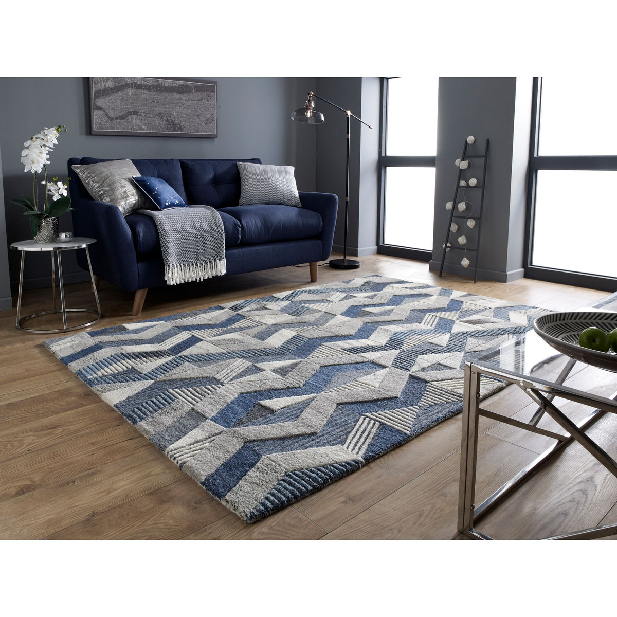 Wollteppich Zickzack Muster - Geometrisch - Wohnzimmer schmutzabweisend_Blau_Rechteckig_
