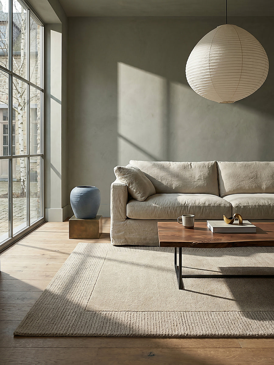 Teppich Beige rechteckig im Wohnzimmer mit Couchtisch und Wohnaccessoires Wohnidee skandinavisch modern_