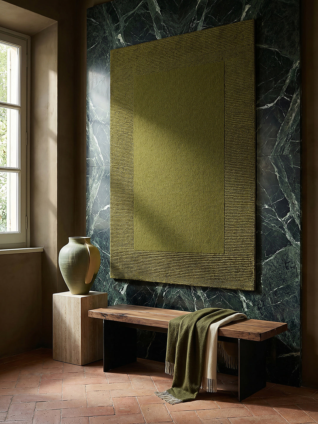 Teppich Grün rechteckig als Wandteppich Wanddekoration Textilkunst Interior Design_