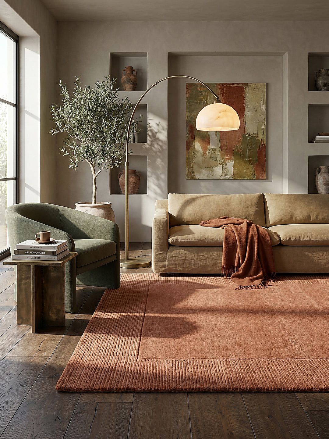 Teppich Orange rechteckig im Wohnzimmer mit Couchtisch und Wohnaccessoires Wohnidee skandinavisch modern_