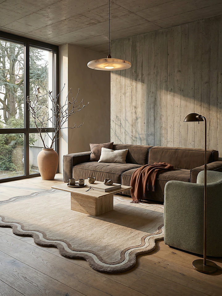 Teppich Naturfarben rechteckig im Wohnzimmer mit Couchtisch und Wohnaccessoires Wohnidee skandinavisch modern_