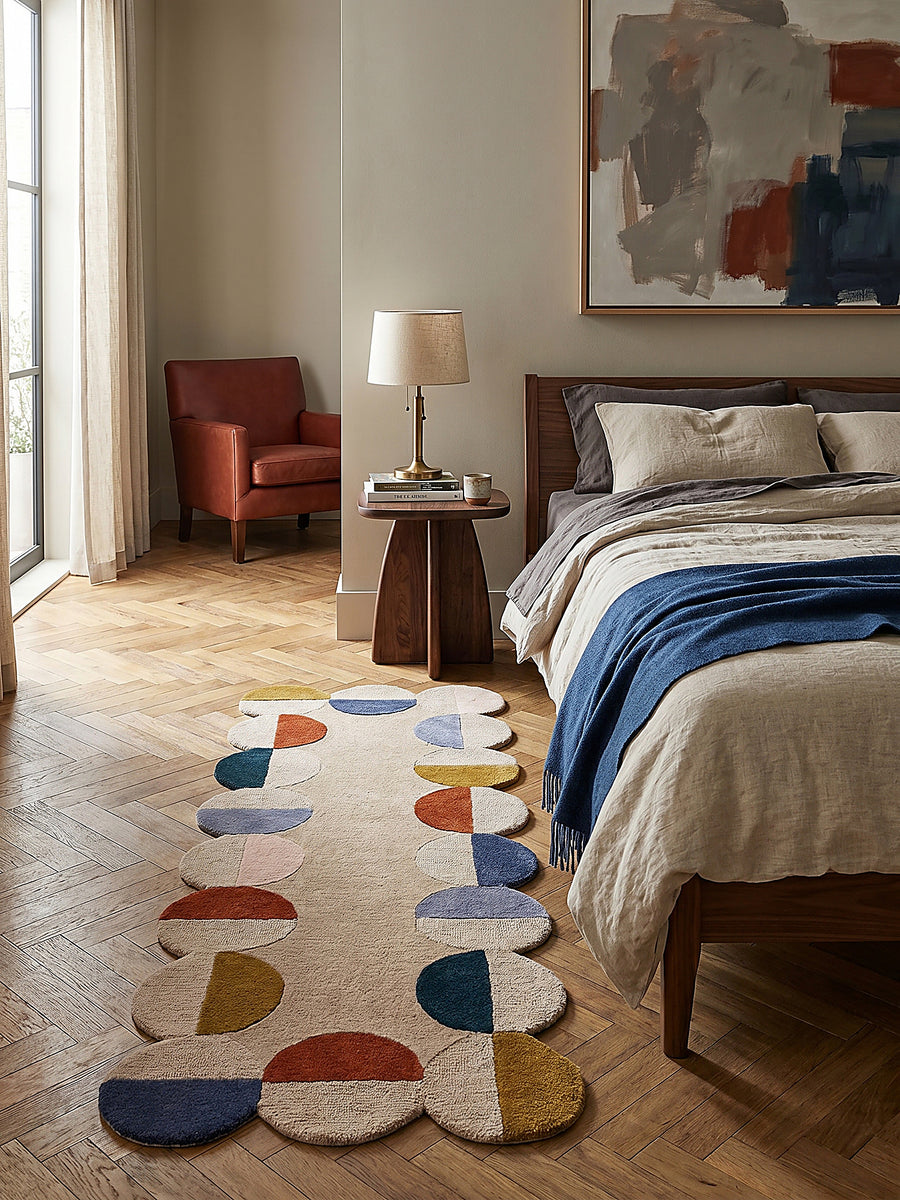 Teppich Beige-Multicolor Läufer im Wohnzimmer mit Couchtisch und Wohnaccessoires Wohnidee skandinavisch modern_