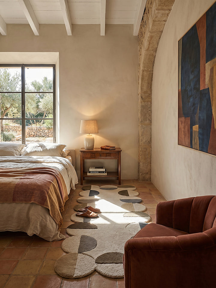 Teppich Erdtöne Läufer im Wohnzimmer mit Couchtisch und Wohnaccessoires Wohnidee skandinavisch modern_