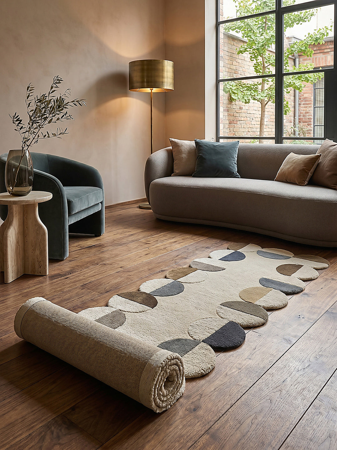 Teppich Erdtöne Läufer Editorial Interior als Designobjekt drapiert hochwertige Wohnaccessoires_