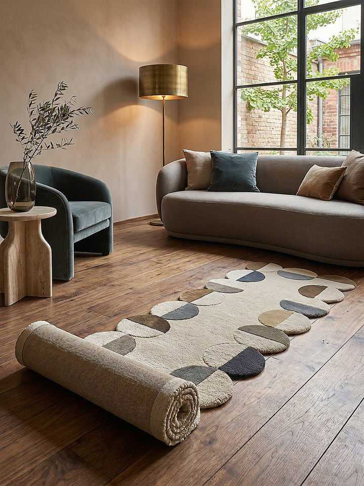 Teppich Erdtöne Läufer Editorial Interior als Designobjekt drapiert hochwertige Wohnaccessoires_