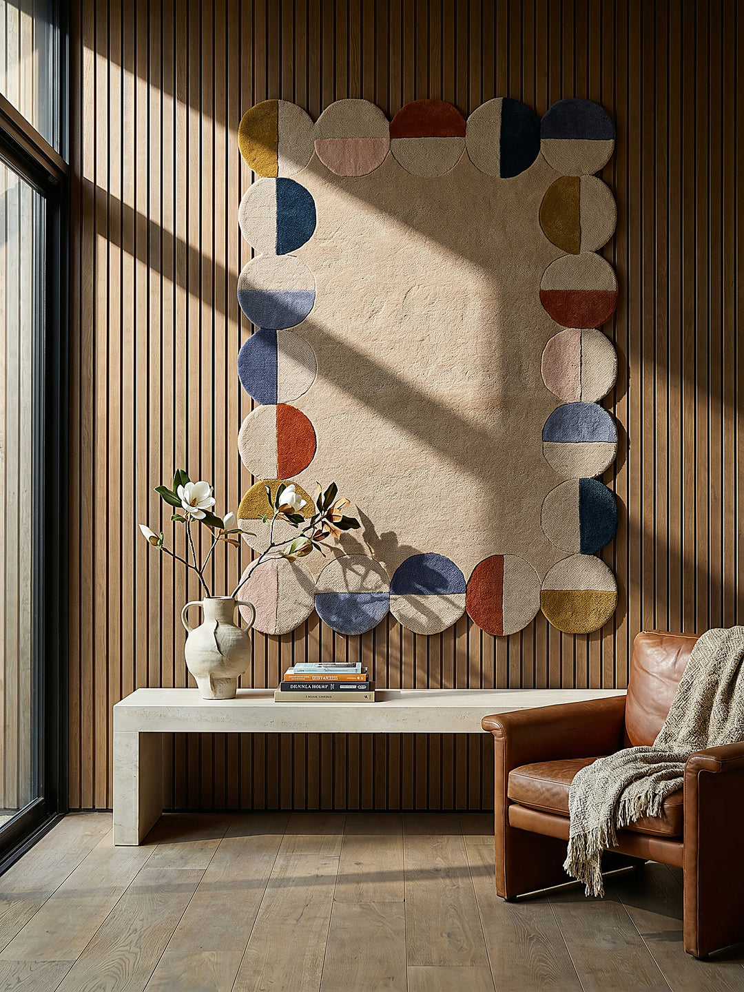 Teppich Beige-Multicolor rechteckig als Wandteppich Wanddekoration Textilkunst Interior Design_