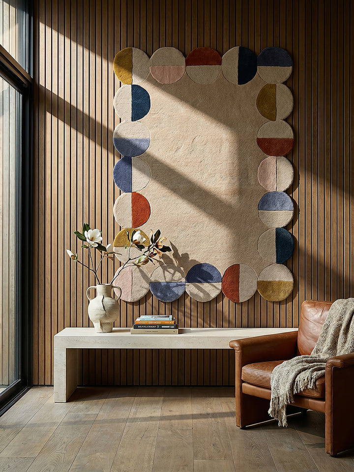 Teppich Beige-Multicolor rechteckig als Wandteppich Wanddekoration Textilkunst Interior Design_
