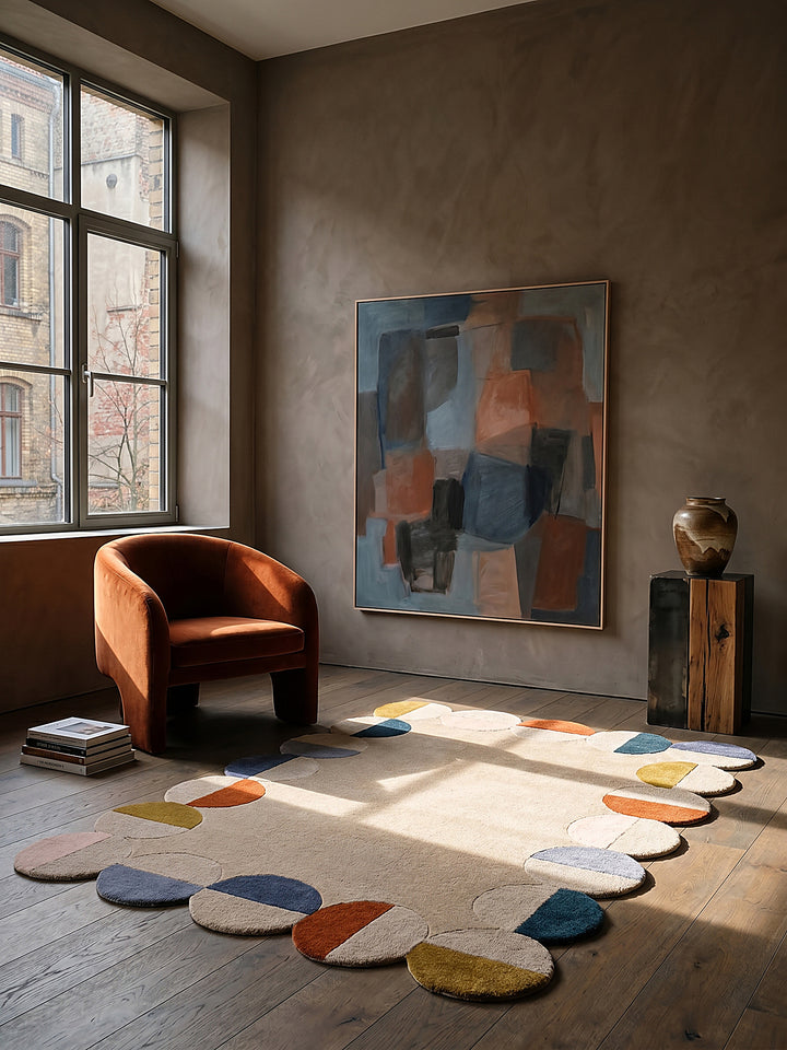 Teppich Beige-Multicolor rechteckig im Wohnzimmer mit Couchtisch und Wohnaccessoires Wohnidee skandinavisch modern_