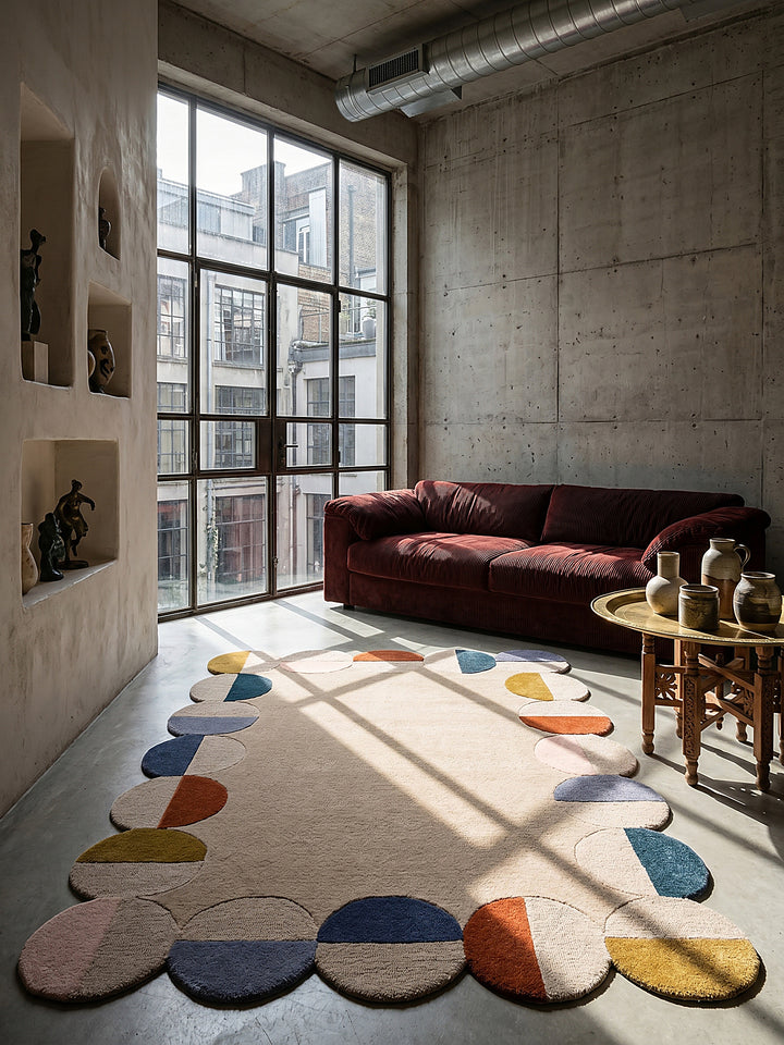 Teppich Beige-Multicolor rechteckig im modernen Wohnzimmer auf original pale terrazzo vor soft chalky warm-white plaster with expa Einrichtungsidee_