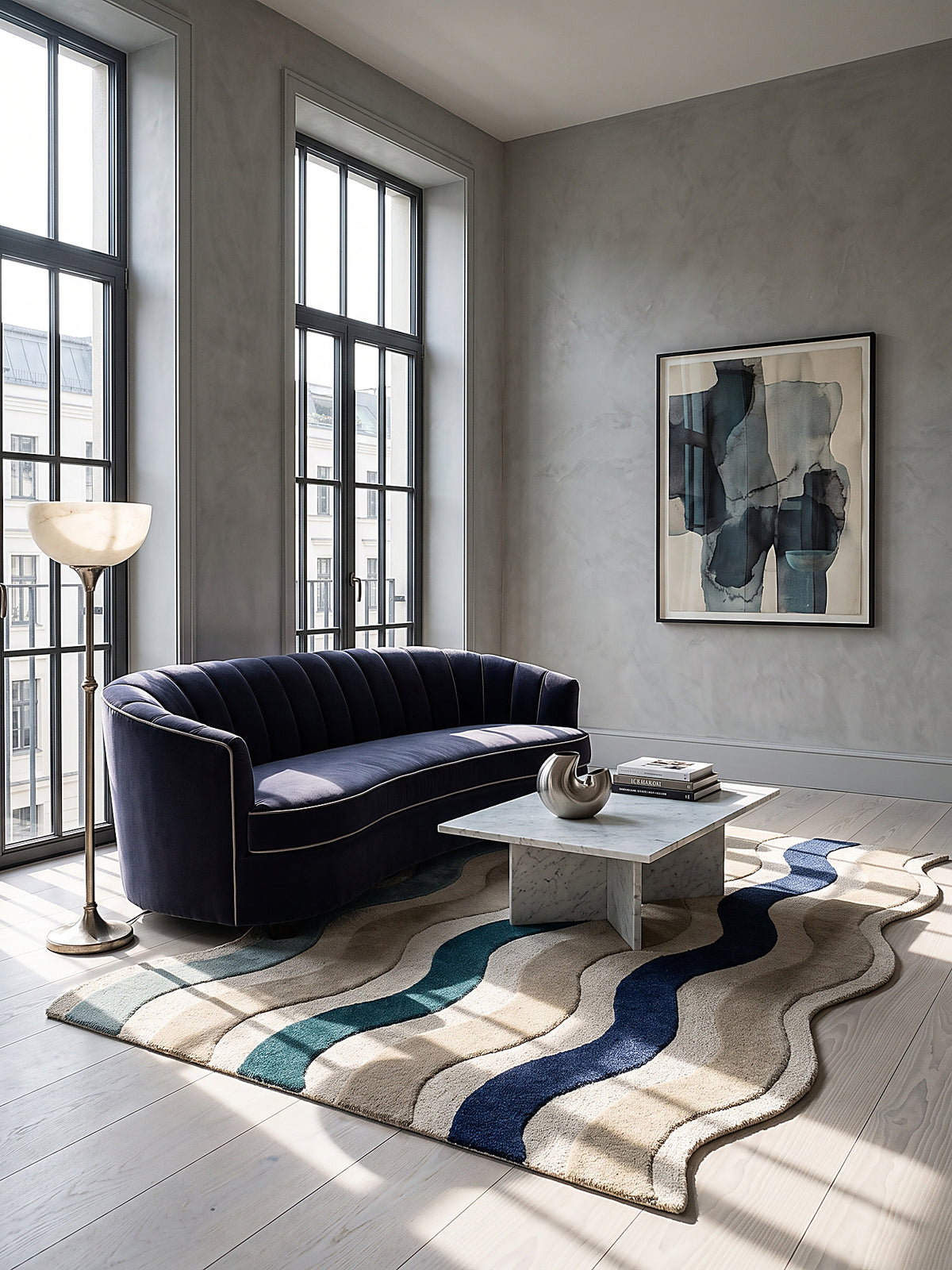 Teppich Natur-Blau rechteckig im modernen Wohnzimmer_