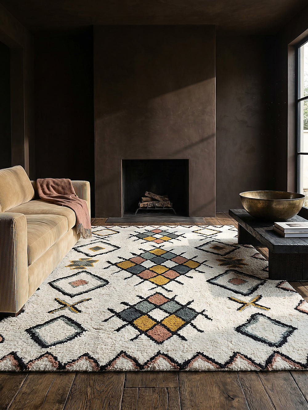 Teppich Multicolor rechteckig Editorial Interior als Designobjekt drapiert hochwertige Wohnaccessoires_