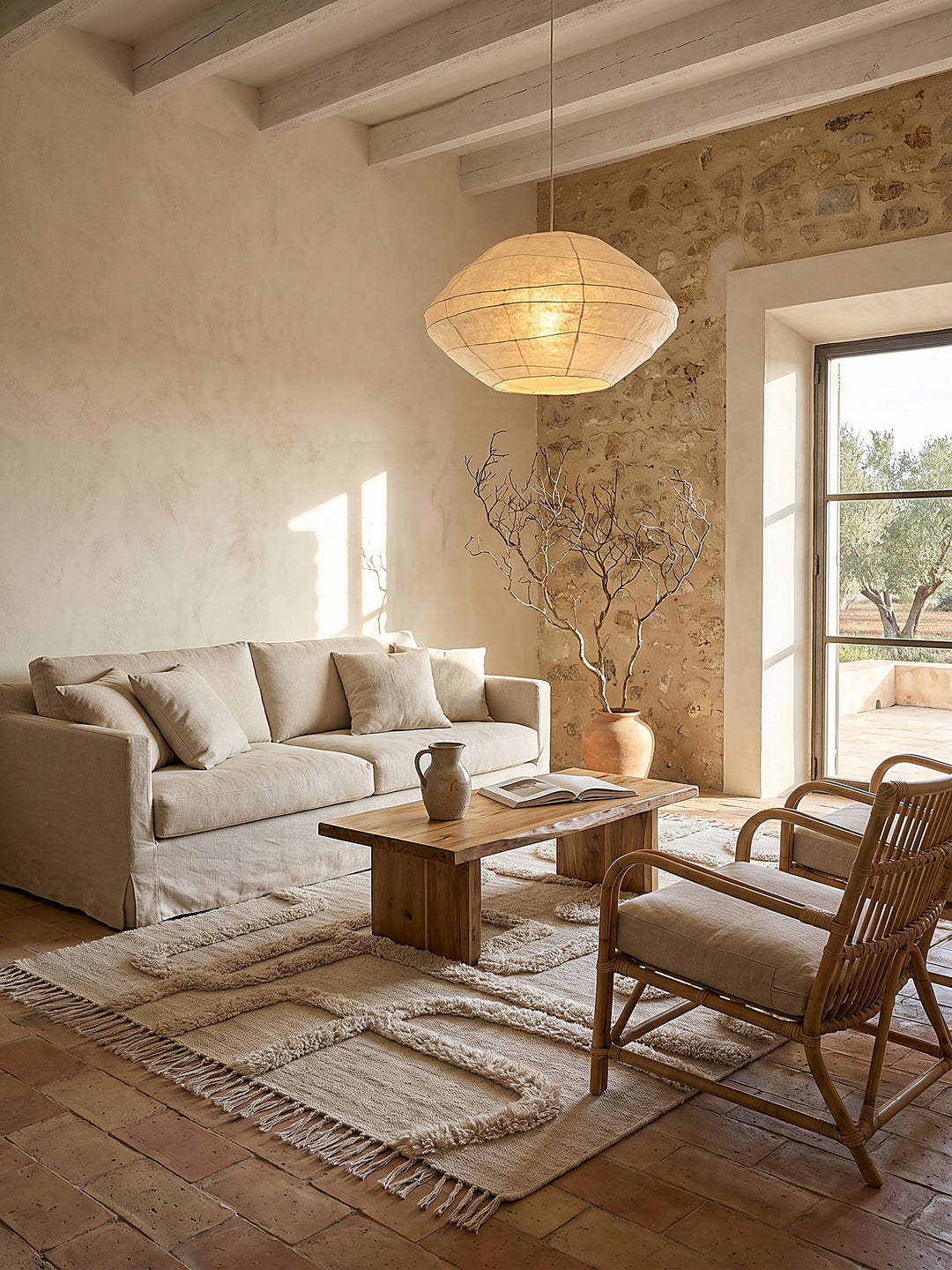Teppich Natur-Beige rechteckig im Wohnzimmer mit Couchtisch und Wohnaccessoires Wohnidee skandinavisch modern_