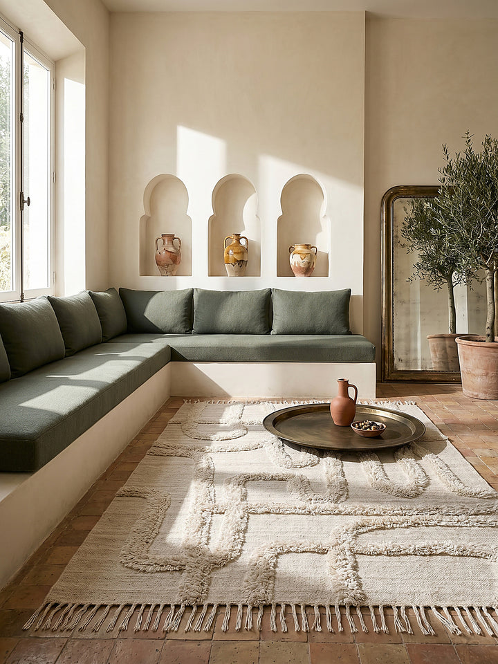 Teppich Natur-Beige rechteckig im modernen Wohnzimmer Einrichtungsidee_