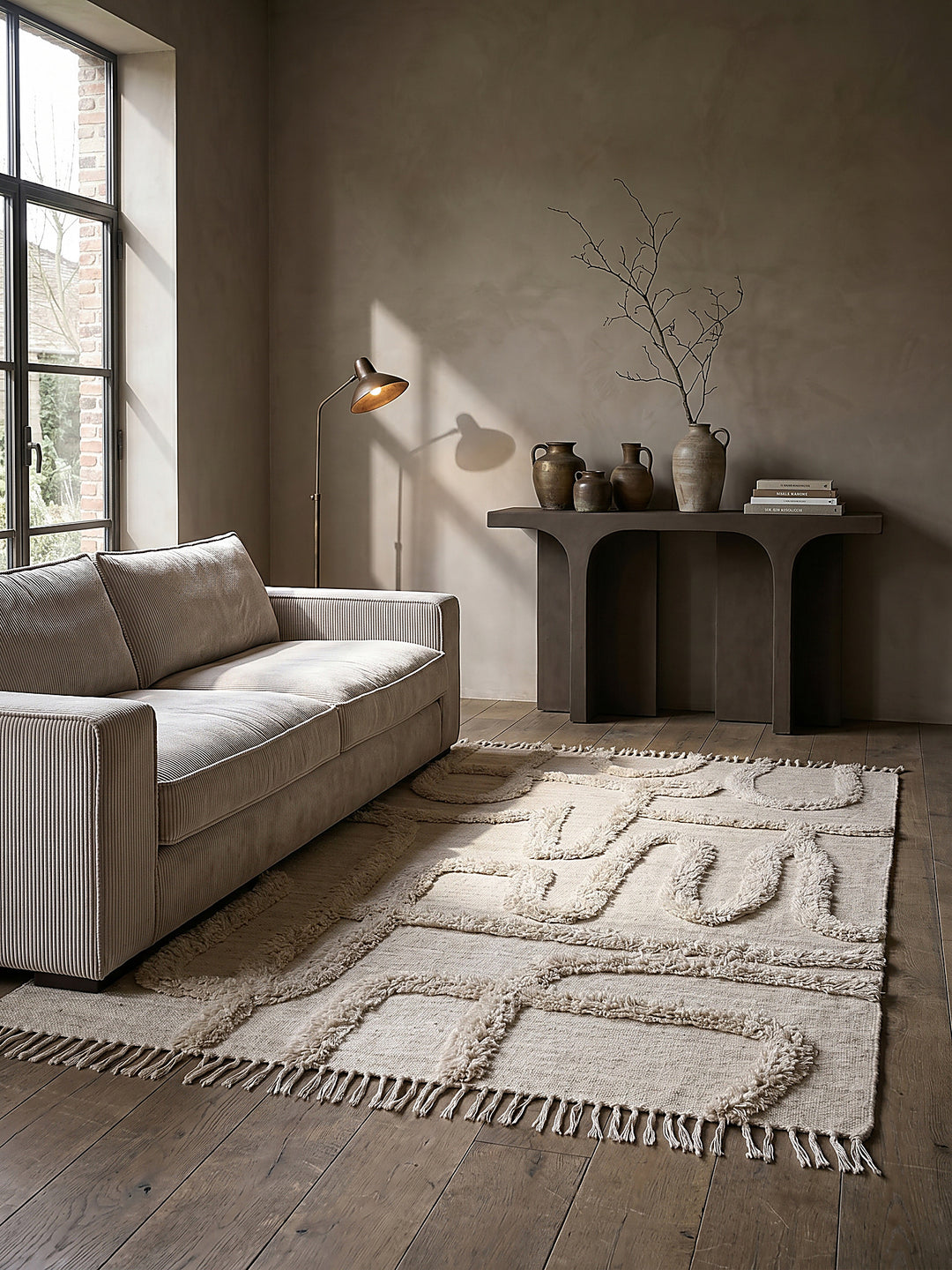 Teppich Natur-Beige rechteckig Editorial Interior als Designobjekt drapiert hochwertige Wohnaccessoires_