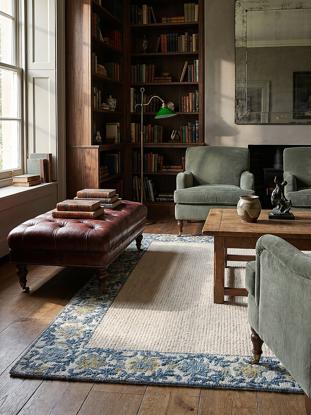 Teppich Blau-Beige rechteckig im Wohnzimmer mit Couchtisch und Wohnaccessoires Wohnidee skandinavisch modern_