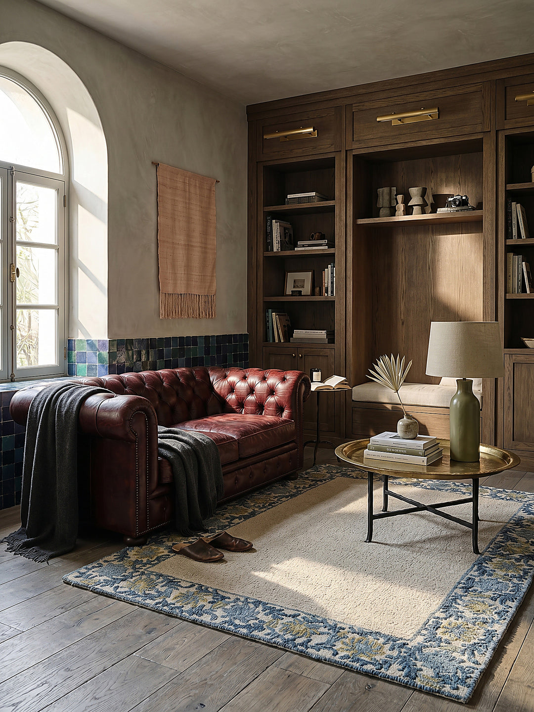 Teppich Blau-Beige rechteckig im modernen Wohnzimmer Einrichtungsidee_