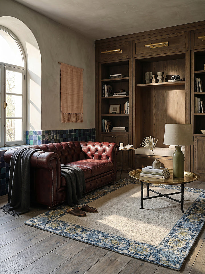 Teppich Blau-Beige rechteckig im modernen Wohnzimmer Einrichtungsidee_