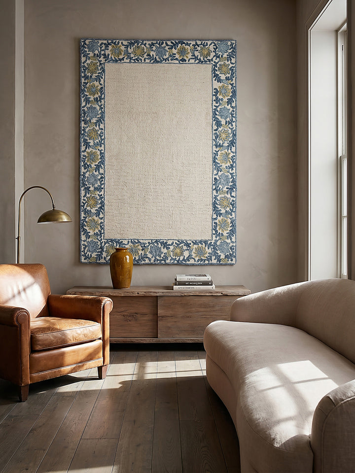 Teppich Blau-Beige rechteckig als Wandteppich Wanddekoration Textilkunst Interior Design_