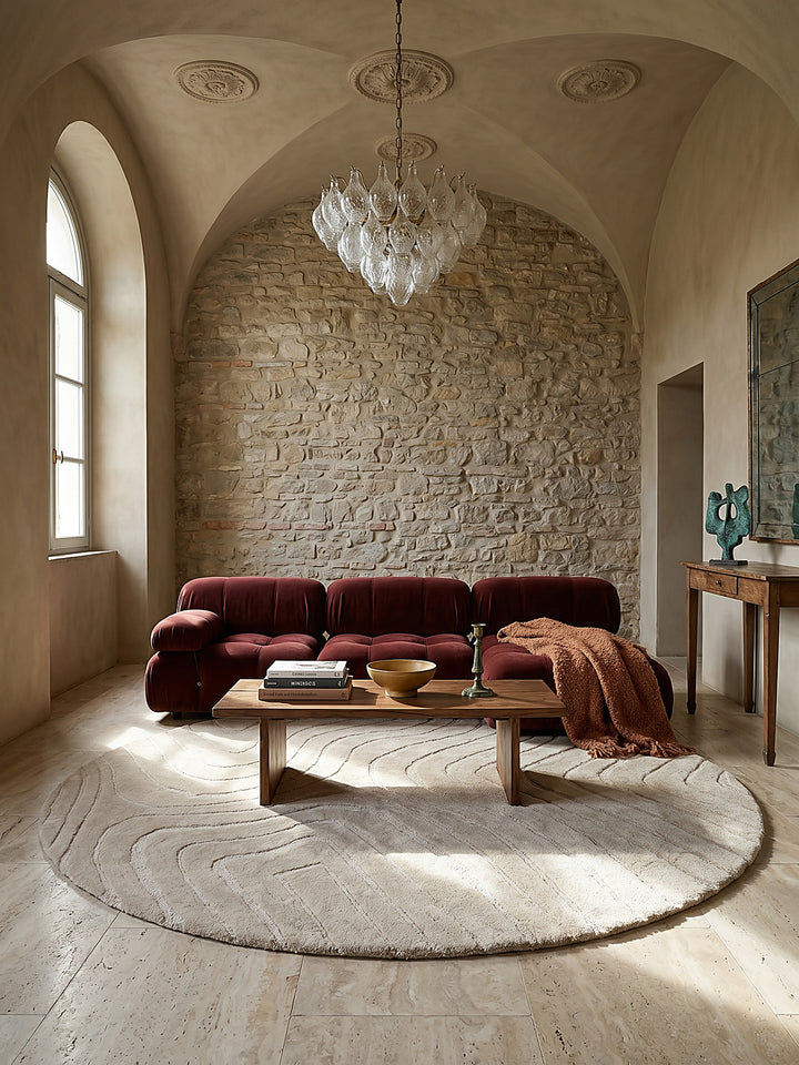 Teppich Beige rund im modernen Wohnzimmer Einrichtungsidee_