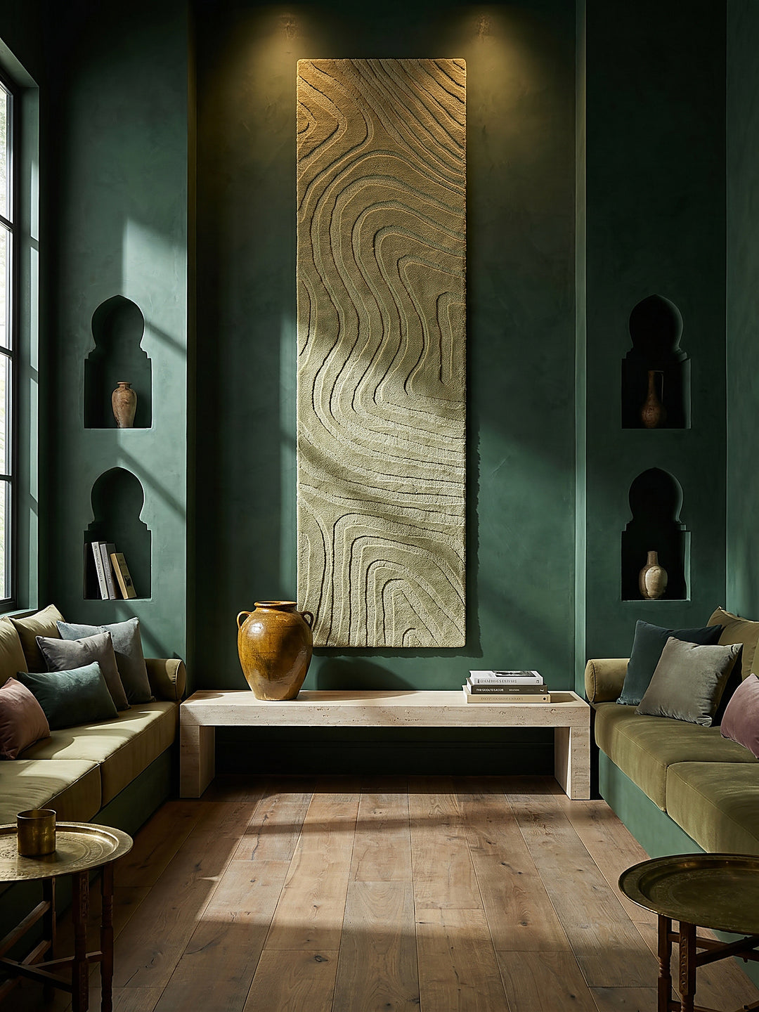 Teppich Olivegrün Läufer als Wandteppich Wanddekoration Textilkunst Interior Design_