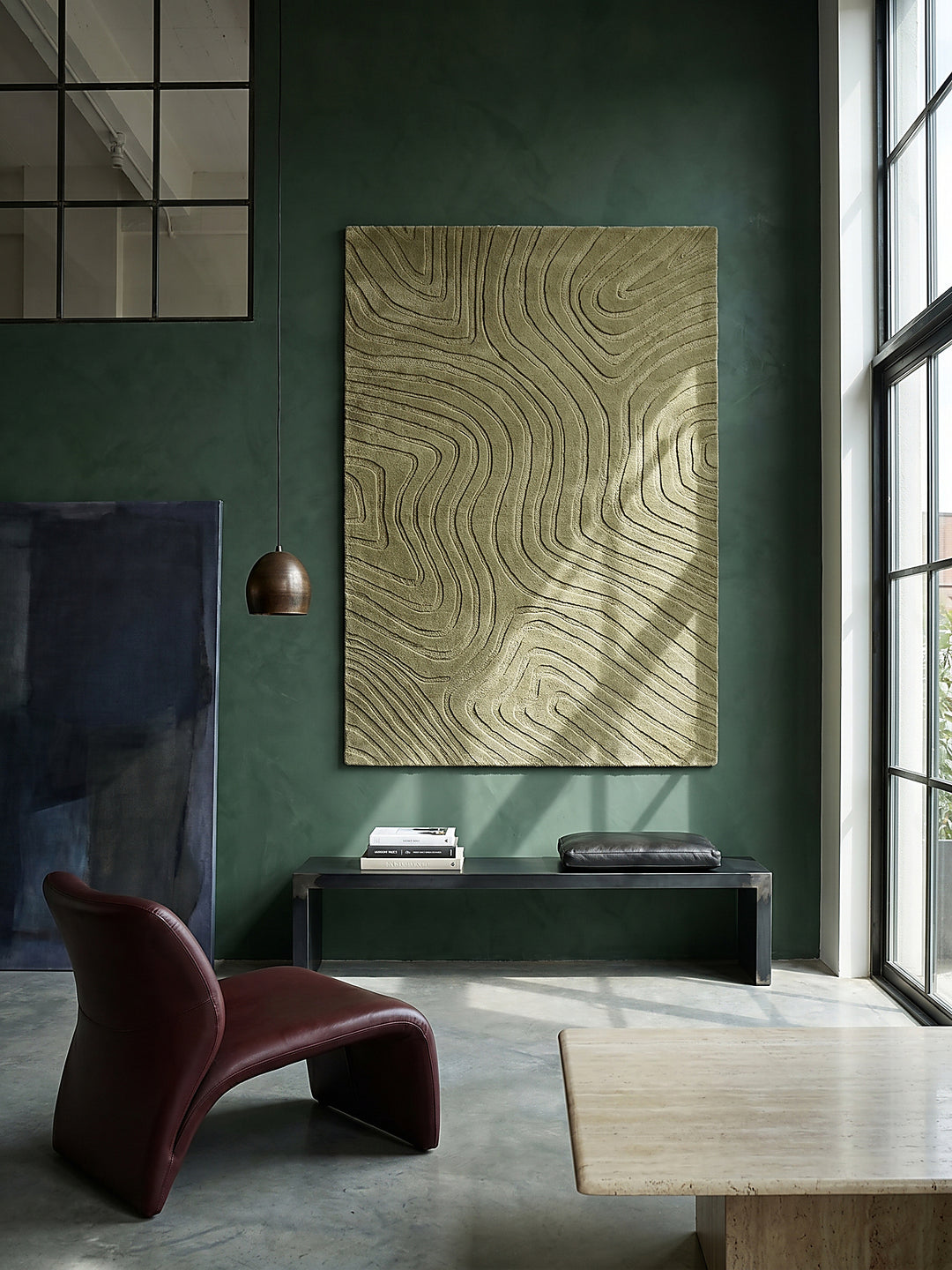 Teppich Olivegrün rechteckig als Wandteppich Wanddekoration Textilkunst Interior Design_