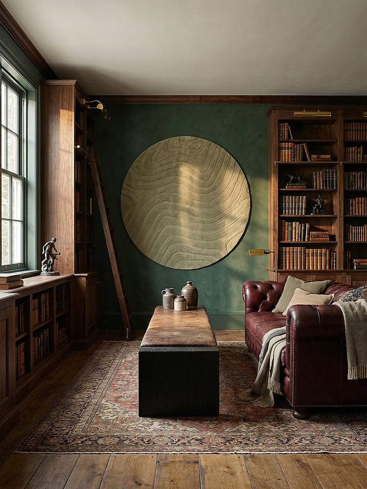 Teppich Olivegrün rund als Wandteppich Wanddekoration Textilkunst Interior Design_