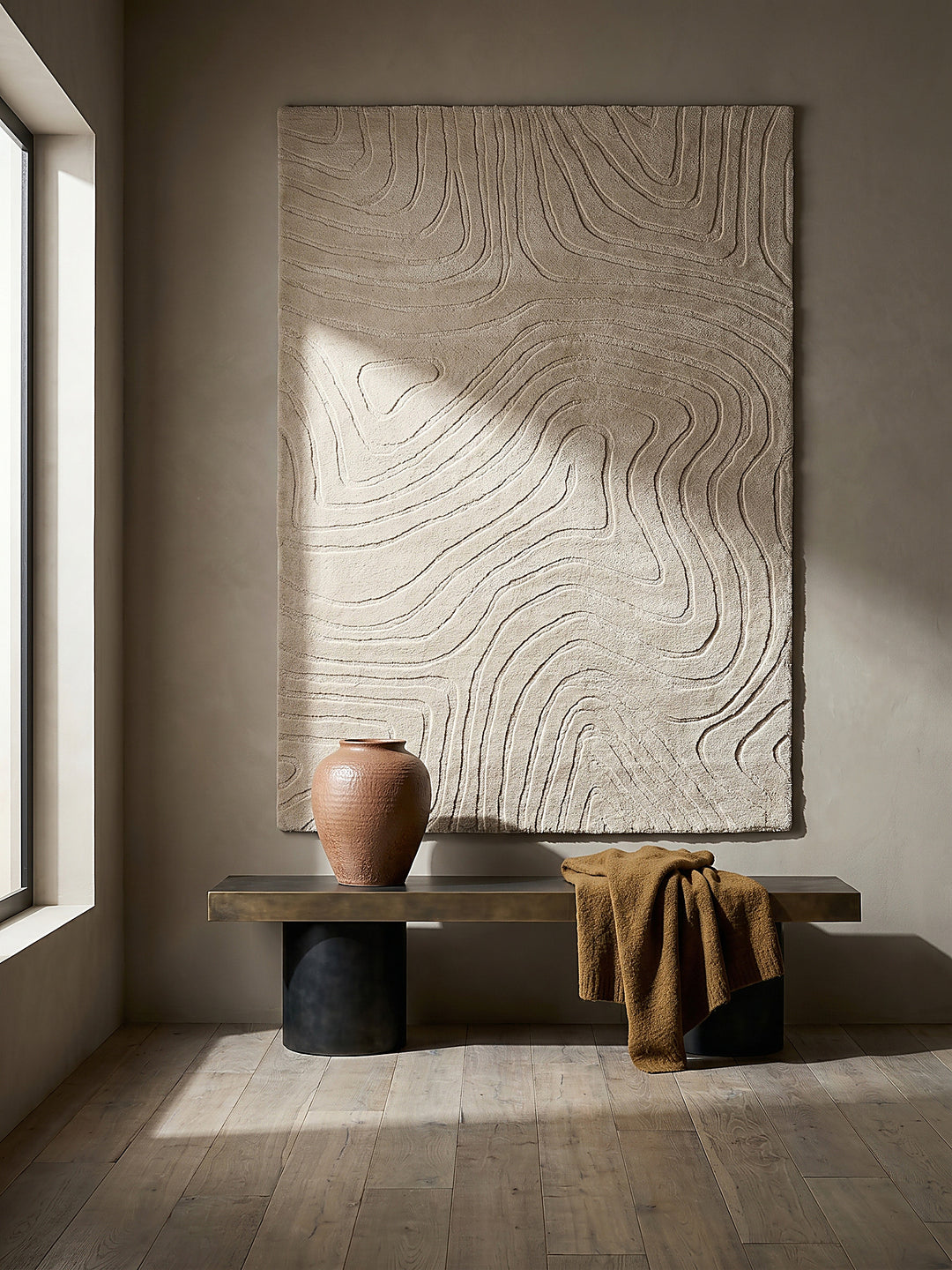 Teppich Beige Läufer als Wandteppich Wanddekoration Textilkunst Interior Design_