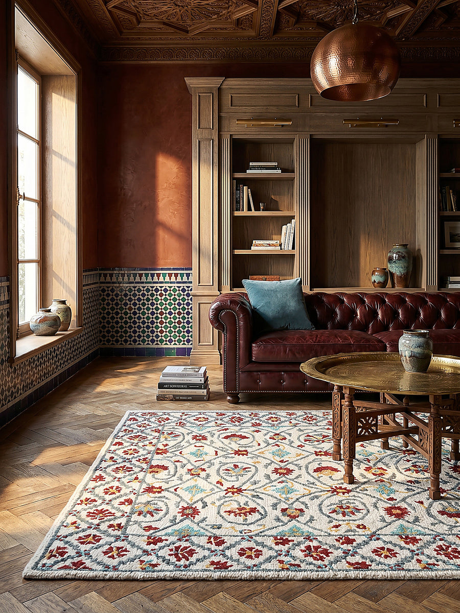 Teppich Rot-Blau rechteckig im modernen Wohnzimmer Einrichtungsidee_