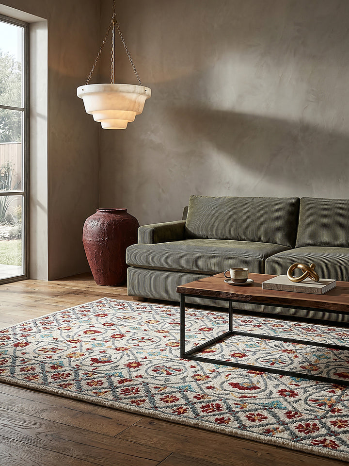 Teppich Rot-Blau rechteckig im Wohnzimmer mit Couchtisch und Wohnaccessoires Wohnidee skandinavisch modern_