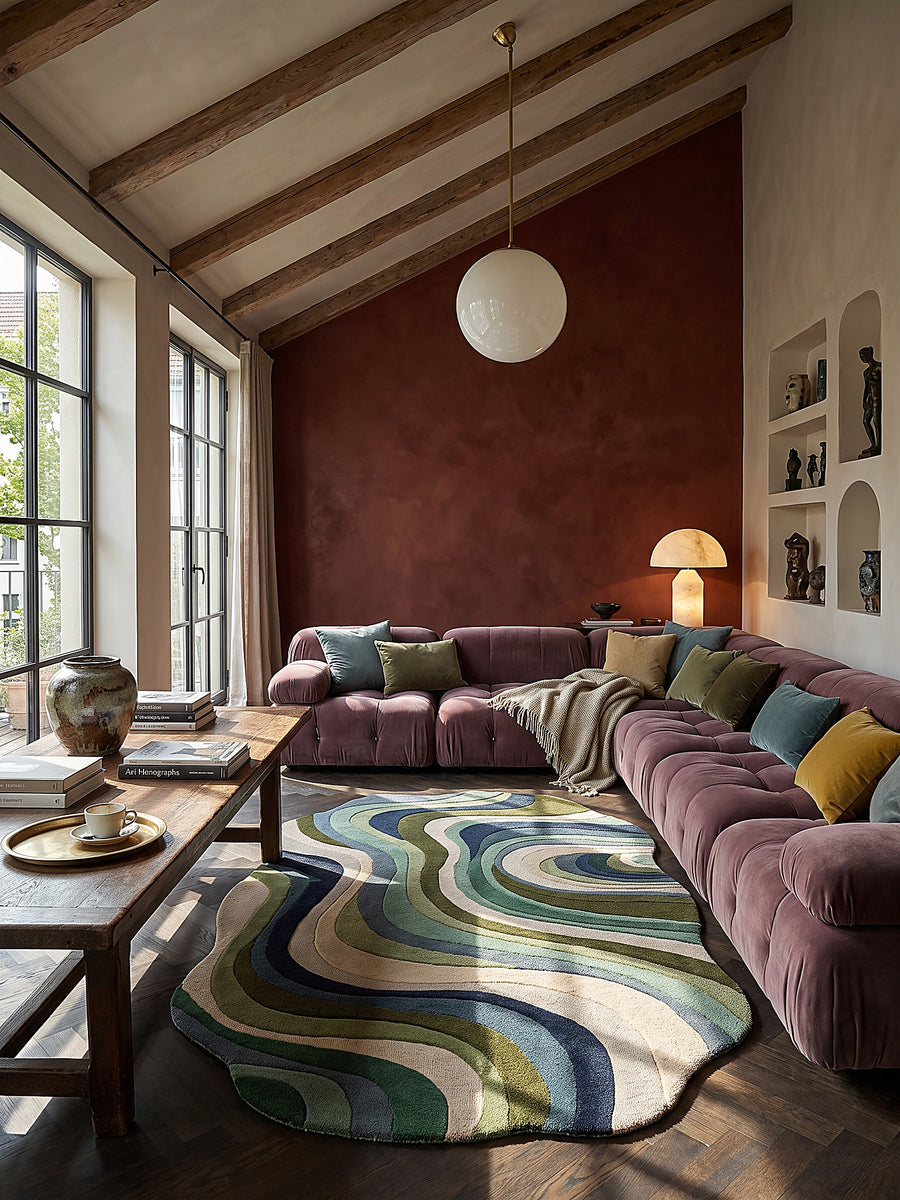 Teppich Erdtöne-Grün oval im modernen Wohnzimmer_