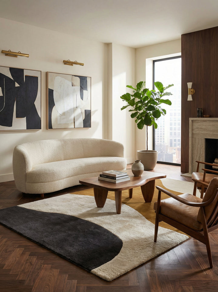 Wollteppich mit Hoch-Tief-Struktur_Abstrakte Landschaft in Ocker_Creme_Schwarz_Handgetuftet und Schalldämpfend - HULL-Humber__