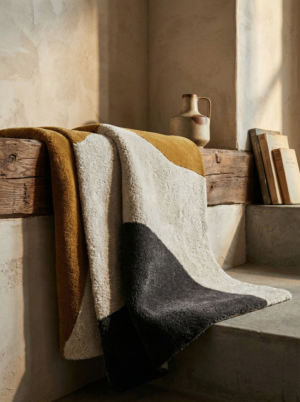 Wollteppich mit Hoch-Tief-Struktur_Abstrakte Landschaft in Ocker_Creme_Schwarz_Handgetuftet und Schalldämpfend - HULL-Humber__