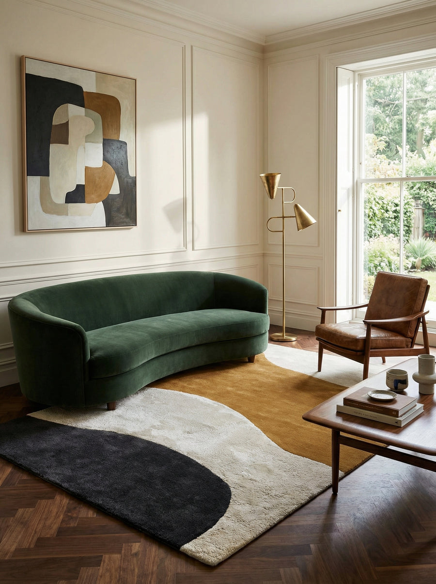 Wollteppich mit Hoch-Tief-Struktur_Abstrakte Landschaft in Ocker_Creme_Schwarz_Handgetuftet und Schalldämpfend - HULL-Humber__