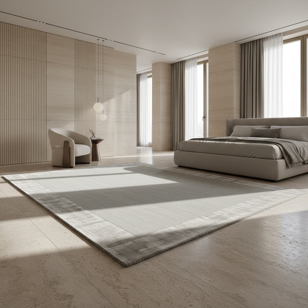 Silberner Wollteppich - Handgewebt - Viskosebordüre - Moderne Wohnraumgestaltung - Kadima Design_