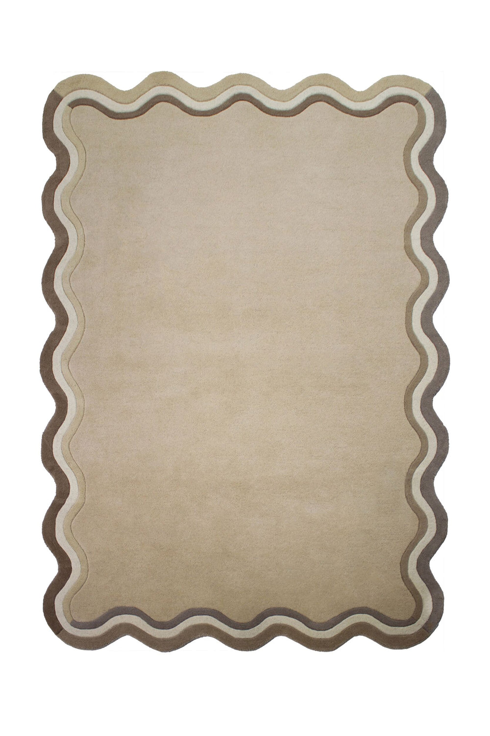 Teppich Wellenkante Beige Ton-in-Ton-Bordüre Wolle handgetuftet uni Rechteckig_