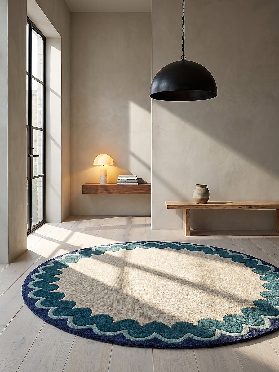 Teppich Petrol rund im modernen Wohnzimmer_