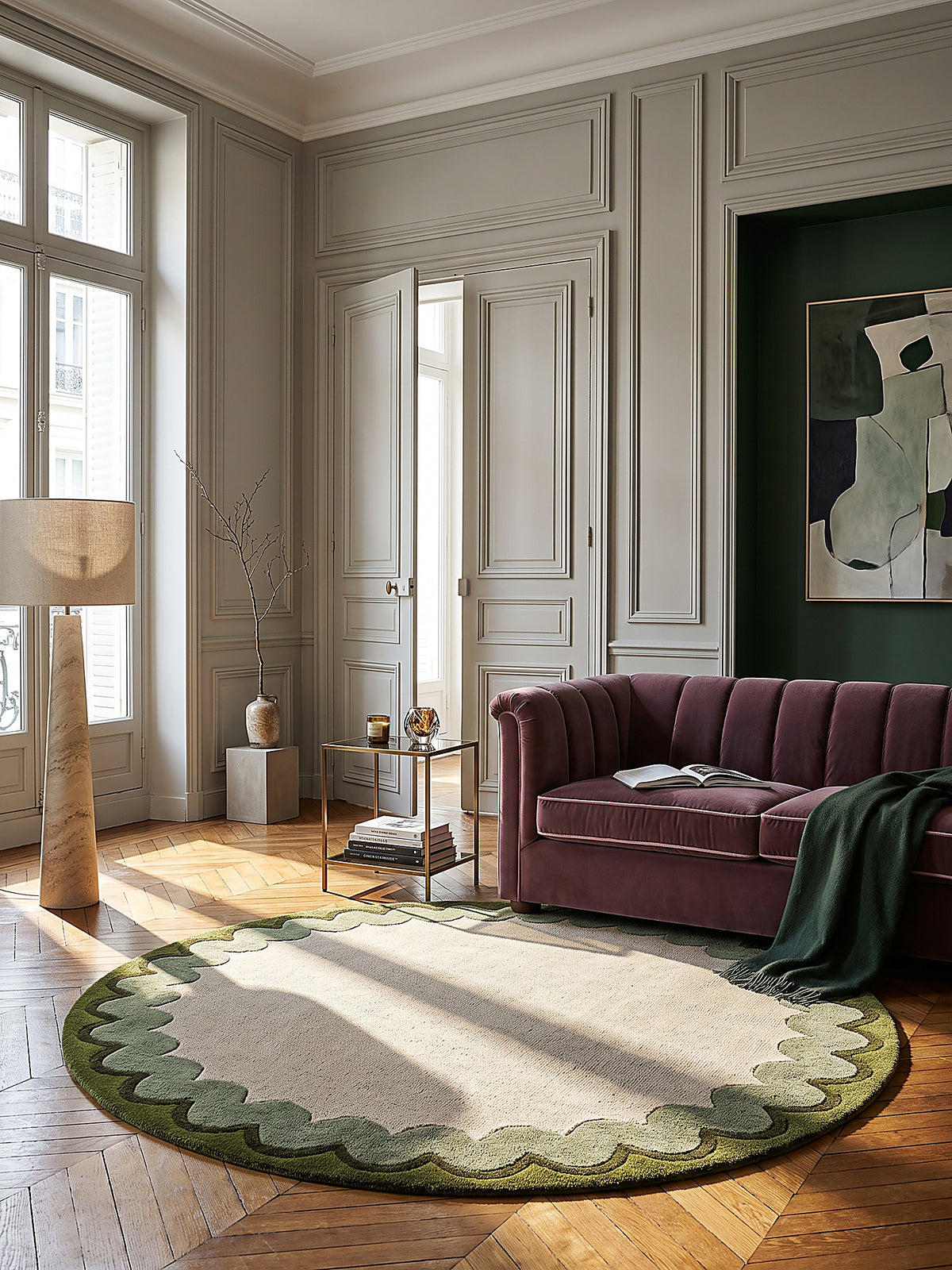 Teppich Olivgrün rund im modernen Wohnzimmer_