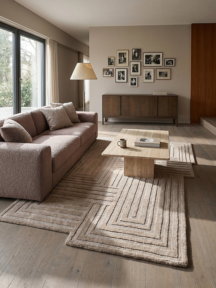 Teppich Natur rechteckig im Wohnzimmer mit Couchtisch und Wohnaccessoires Wohnidee skandinavisch modern_