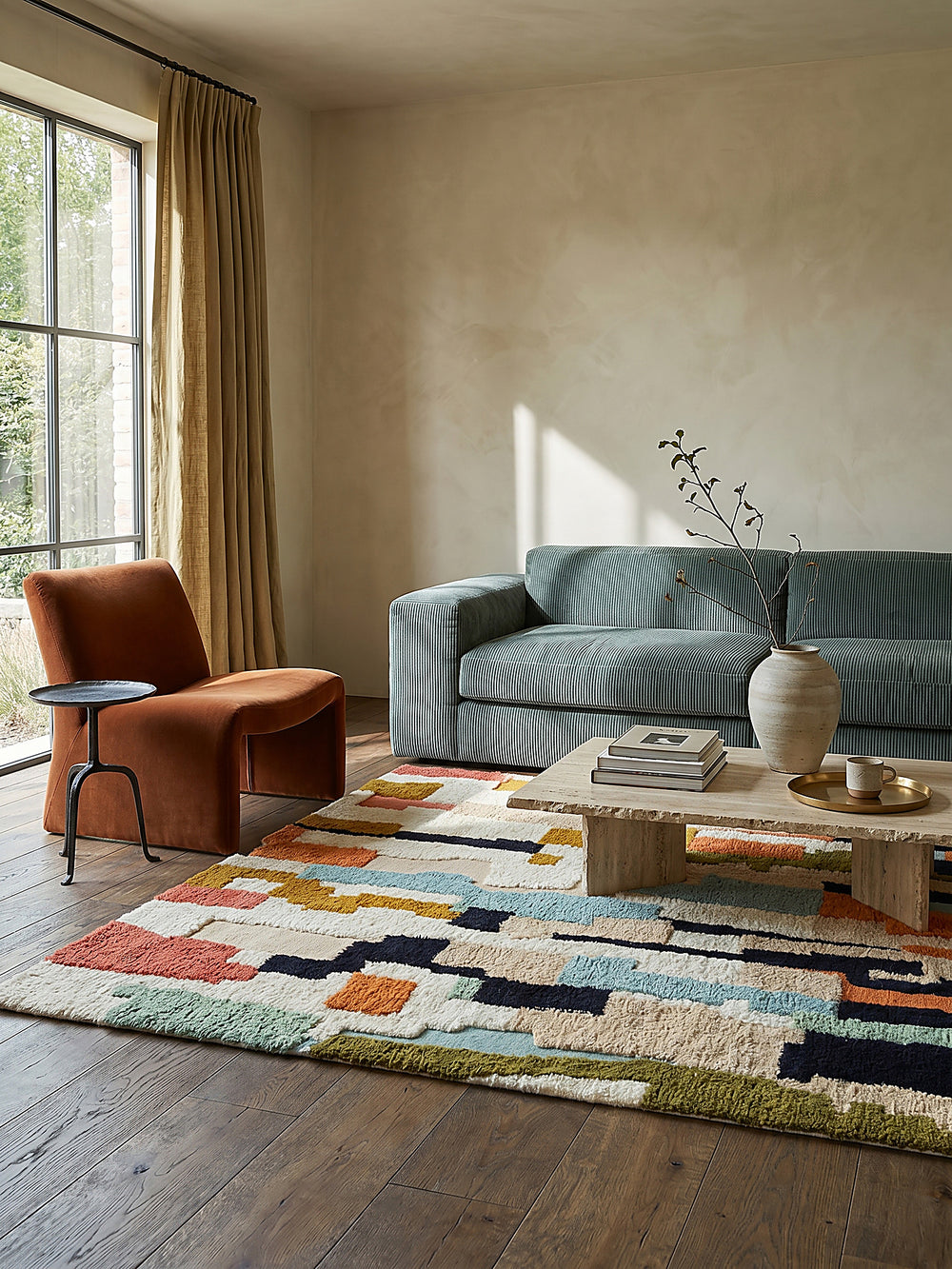 Teppich Multicolor rechteckig Editorial Interior als Designobjekt drapiert hochwertige Wohnaccessoires_