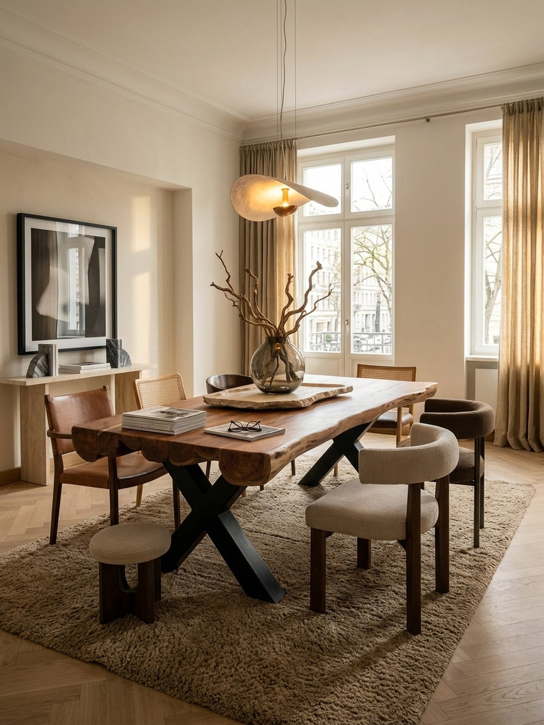 Massiver Baumstamm Esstisch 200x100 cm aus Akazie Vollholz in einem eleganten Esszimmer. Warme Holzmaserung kontrastiert mit schwarzem X-Gestell aus Metall im modernen Landhausstil._