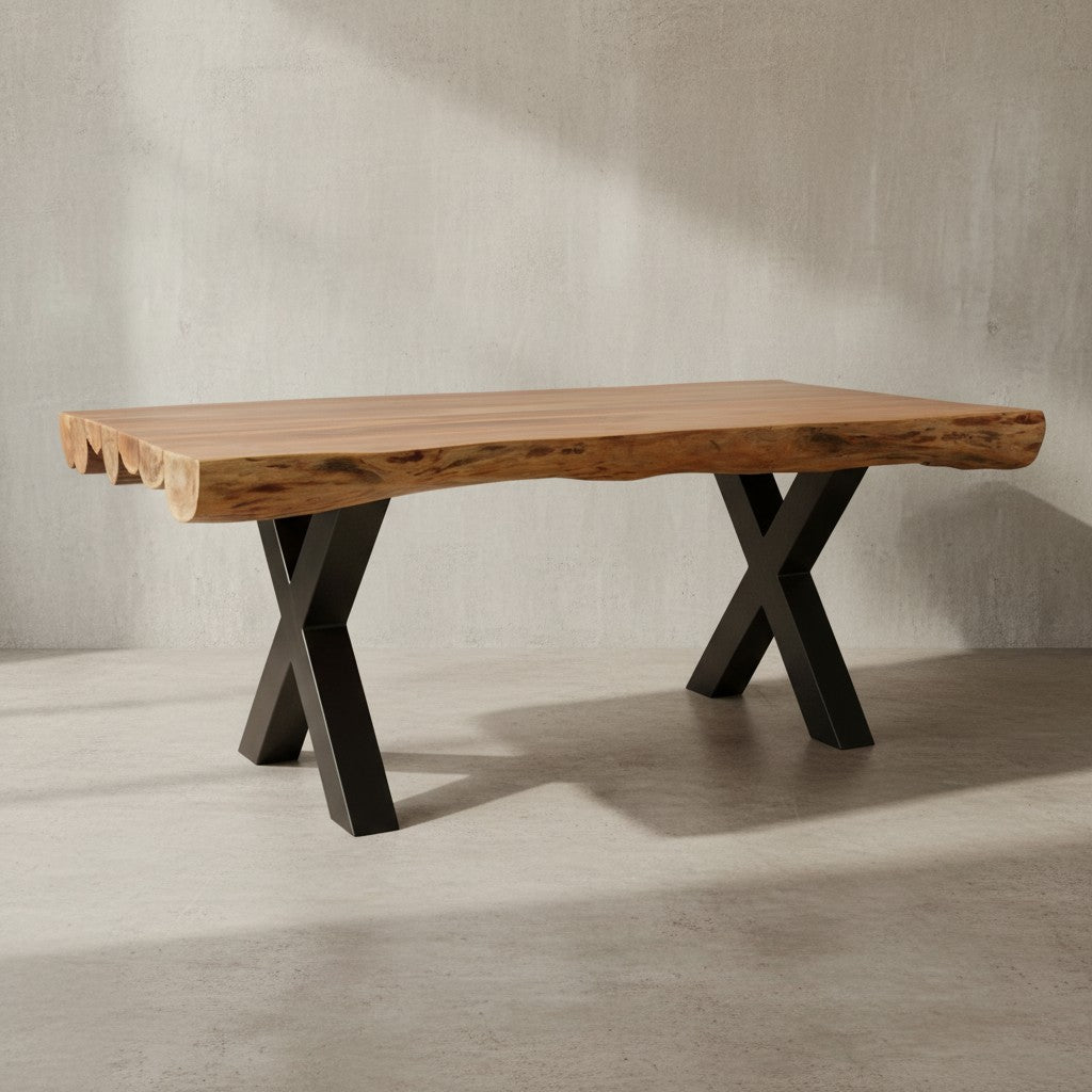 Massivholz Esstisch 200x100 cm mit X-Beinen aus mattschwarzem Metall - rustikale Akazienholzplatte für 8 Personen von Kadima Design_