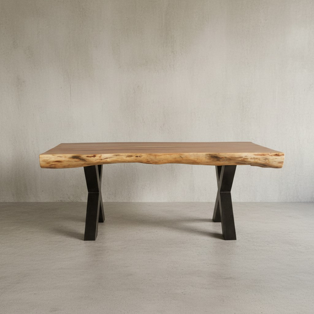 Massivholz Esstisch 200x100 cm mit X-Beinen aus mattschwarzem Metall - rustikale Akazienholzplatte für 8 Personen von Kadima Design_