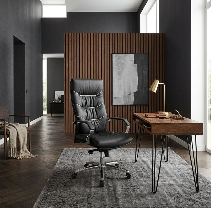 XXL Chefsessel Kanzas_ Echtleder_ Soft-Air Formpolster_ verchromte Armlehnen_ Aluminium-Fußkreuz_ 5-Punkt Mechanik - KADIMA DESIGN_Größe_ 60x55x126 cm_