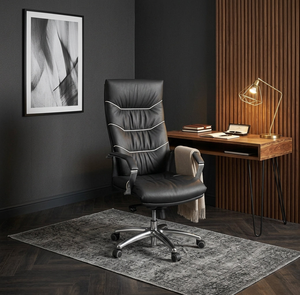XXL Chefsessel Kanzas_ Echtleder_ Soft-Air Formpolster_ verchromte Armlehnen_ Aluminium-Fußkreuz_ 5-Punkt Mechanik - KADIMA DESIGN_Größe_ 60x55x126 cm_