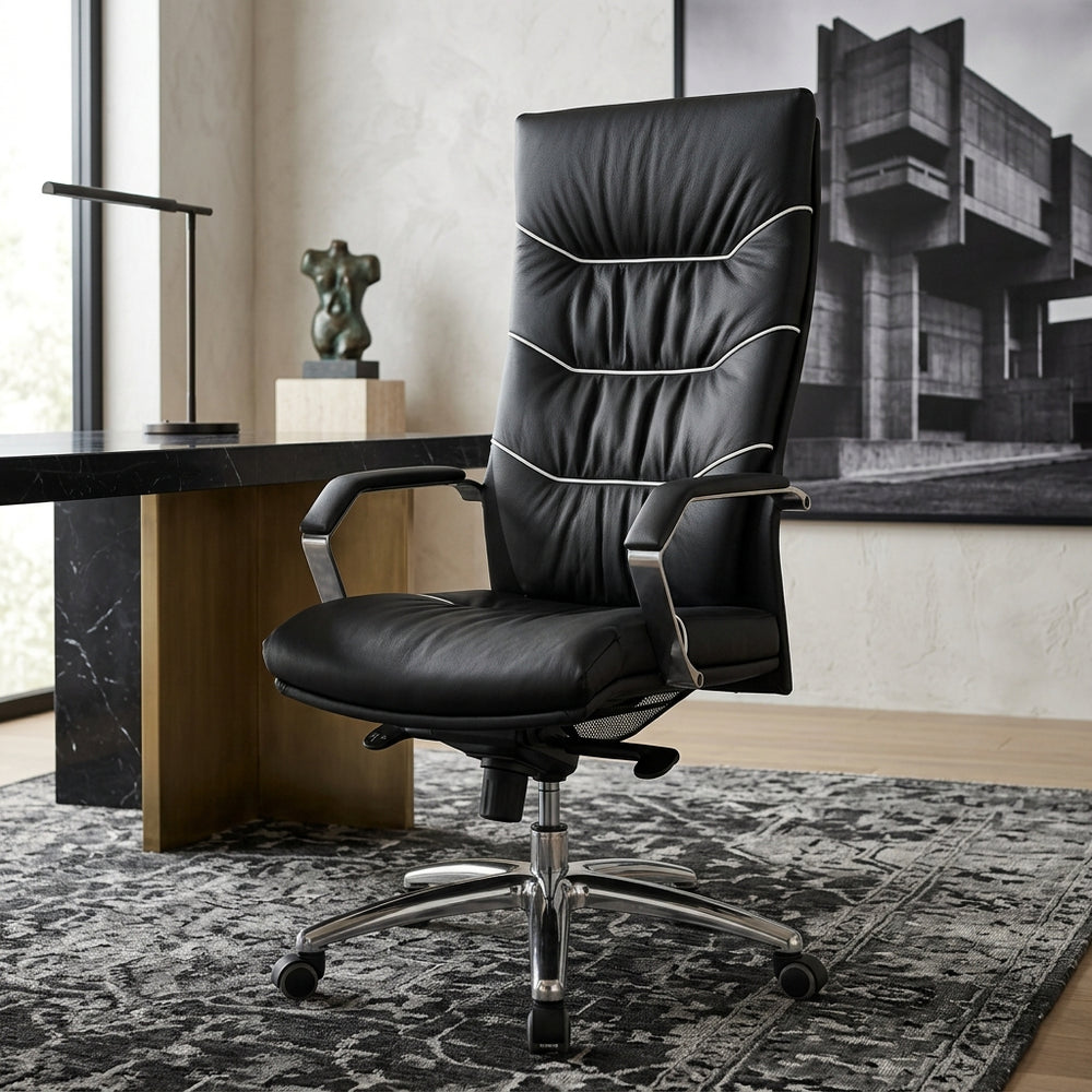 XXL Chefsessel Kanzas_ Echtleder_ Soft-Air Formpolster_ verchromte Armlehnen_ Aluminium-Fußkreuz_ 5-Punkt Mechanik - KADIMA DESIGN_Größe_ 60x55x126 cm_