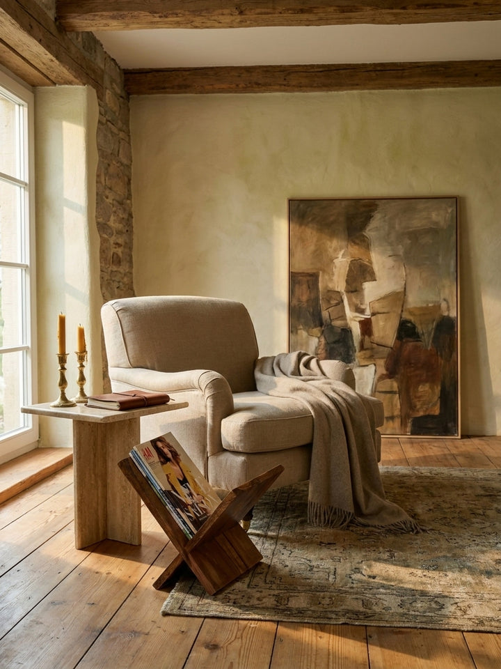 Zeitungsständer Sheesham Massivholz natur 29x28x31 cm kombiniert mit passenden Möbeln Wohnzimmer (Lese-Ecke) Einrichtungsidee Möbelensemble harmonisch Wohnen Interior Zuhause Design modern_