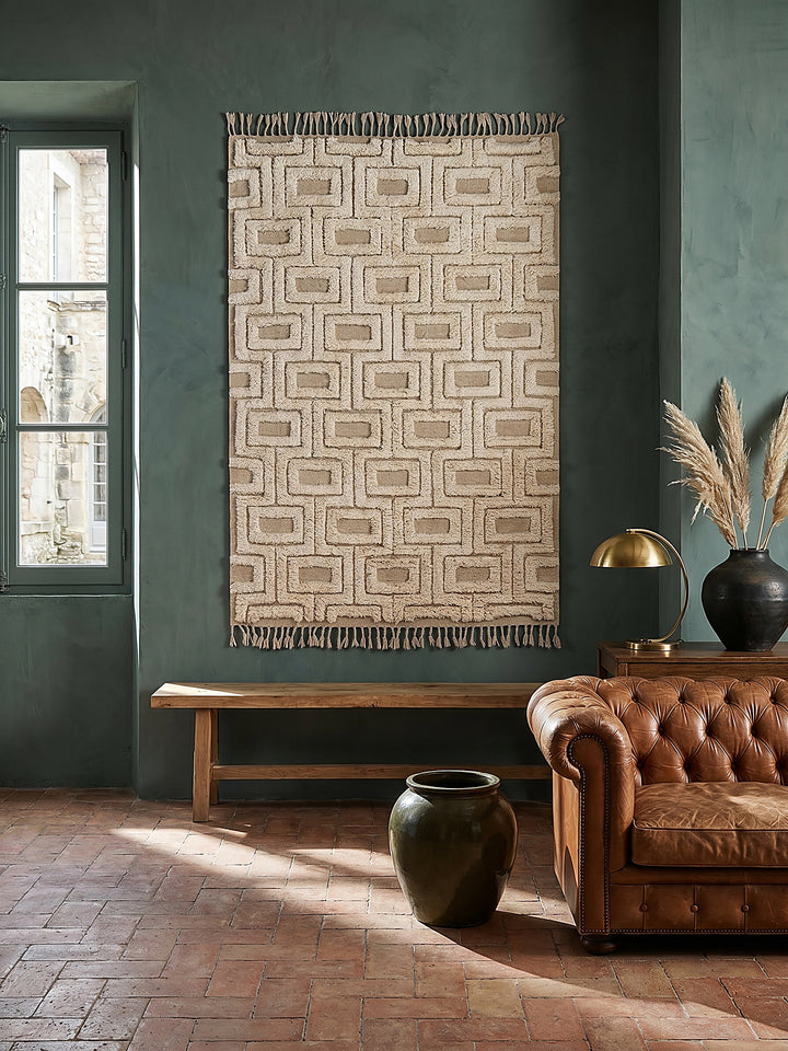 Teppich Beige rechteckig als Wandteppich Wanddekoration Textilkunst Interior Design_