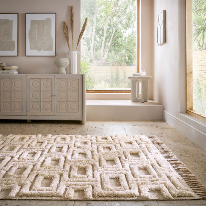 Wollteppich - Hoch-Tief Struktur Geometrisch - mit Fransen - Wohnzimmer_Beige_Rechteckig_