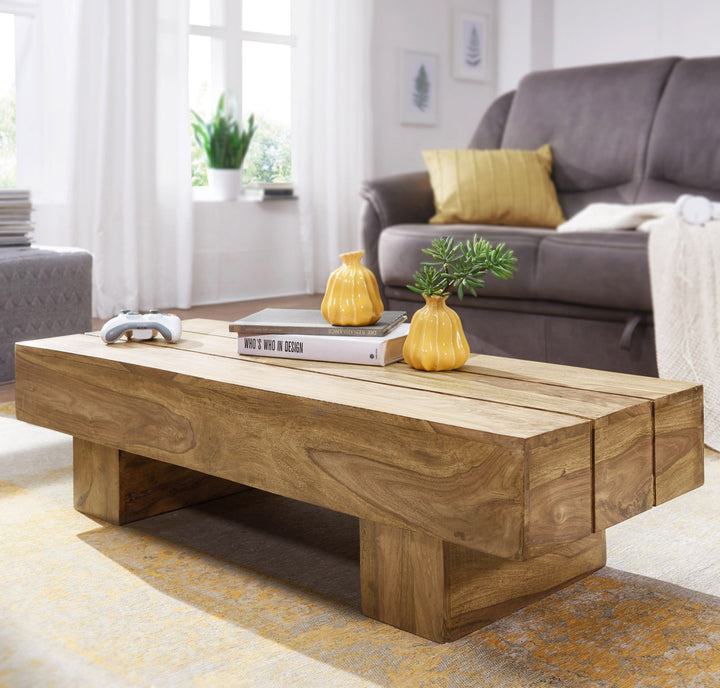 Massivholz Couchtisch SAAR_ 120x45 cm_ Akazien-/Sheeshamholz_ handgefertigt_ pflegeleicht - KADIMA DESIGN_Farbe_ Beige_ Größe_ 120x45x30 cm_