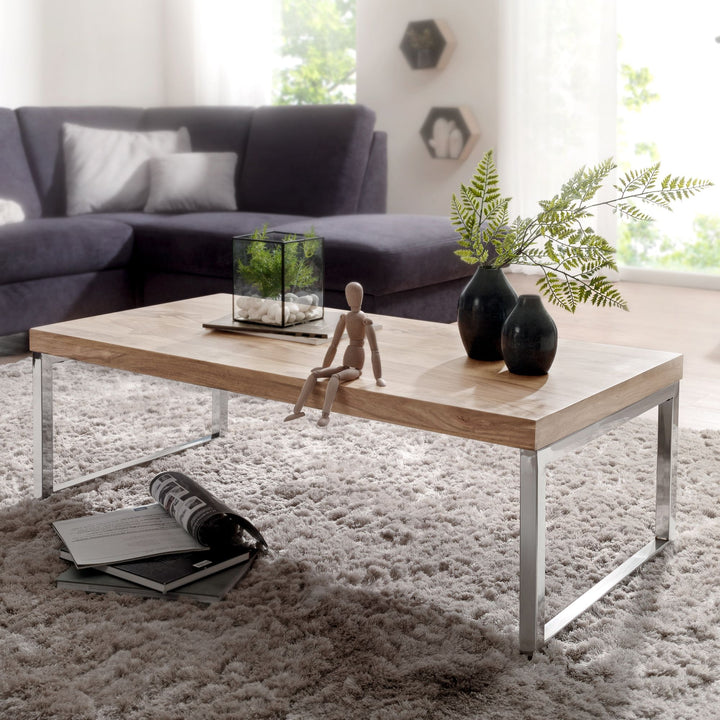 Couchtisch ISEN_ Massivholz_ Chromfüße_ 120x40x60 cm_ handgefertigt_ Sheesham/Akazie - KADIMA DESIGN_Farbe_ Beige_ Größe_ 120x60x40 cm_